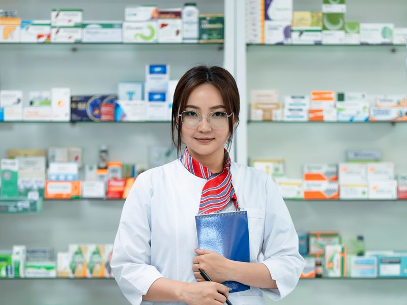 Symbolfoto: Apothekerin vor Regalen in einer Apotheke