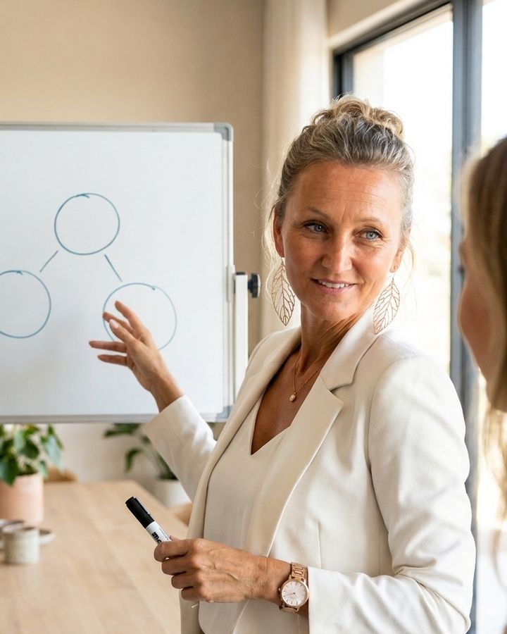 Irene Bux erklärt im Gespräch ein Schaubild an einem Whiteboard